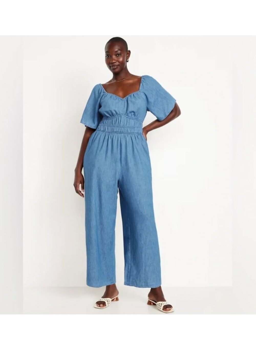 Old Navy Denim Smocked Waist Jumpsuit Size XXL Wide Leg Short Sleeve